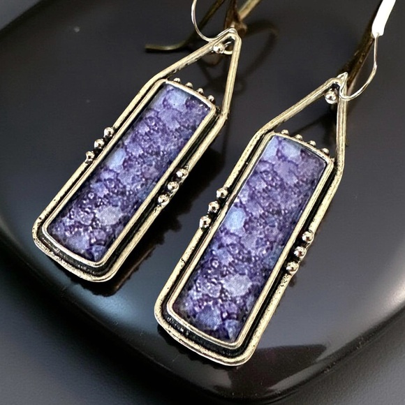 Elegant Purple and Silver Geometric Boho Earrings - Picture 1 of 4